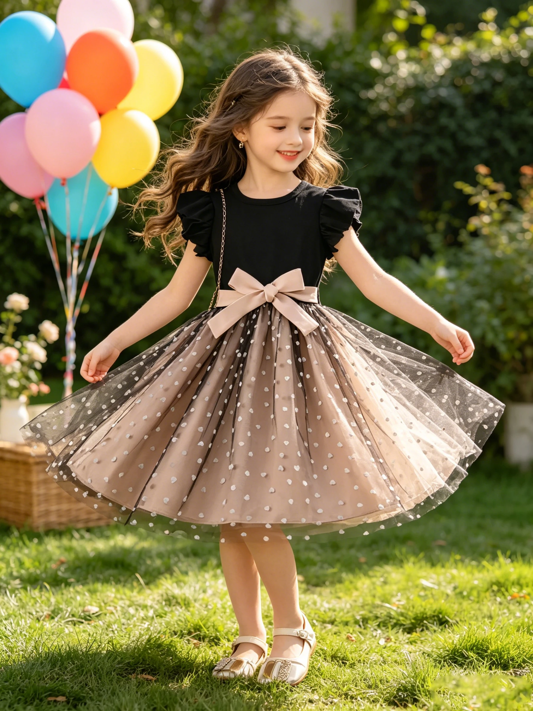 Summer Style Girls' Sleeveless Round Neck Flying Sleeve Pink Printed Dress, Cute Outfit, With Belt