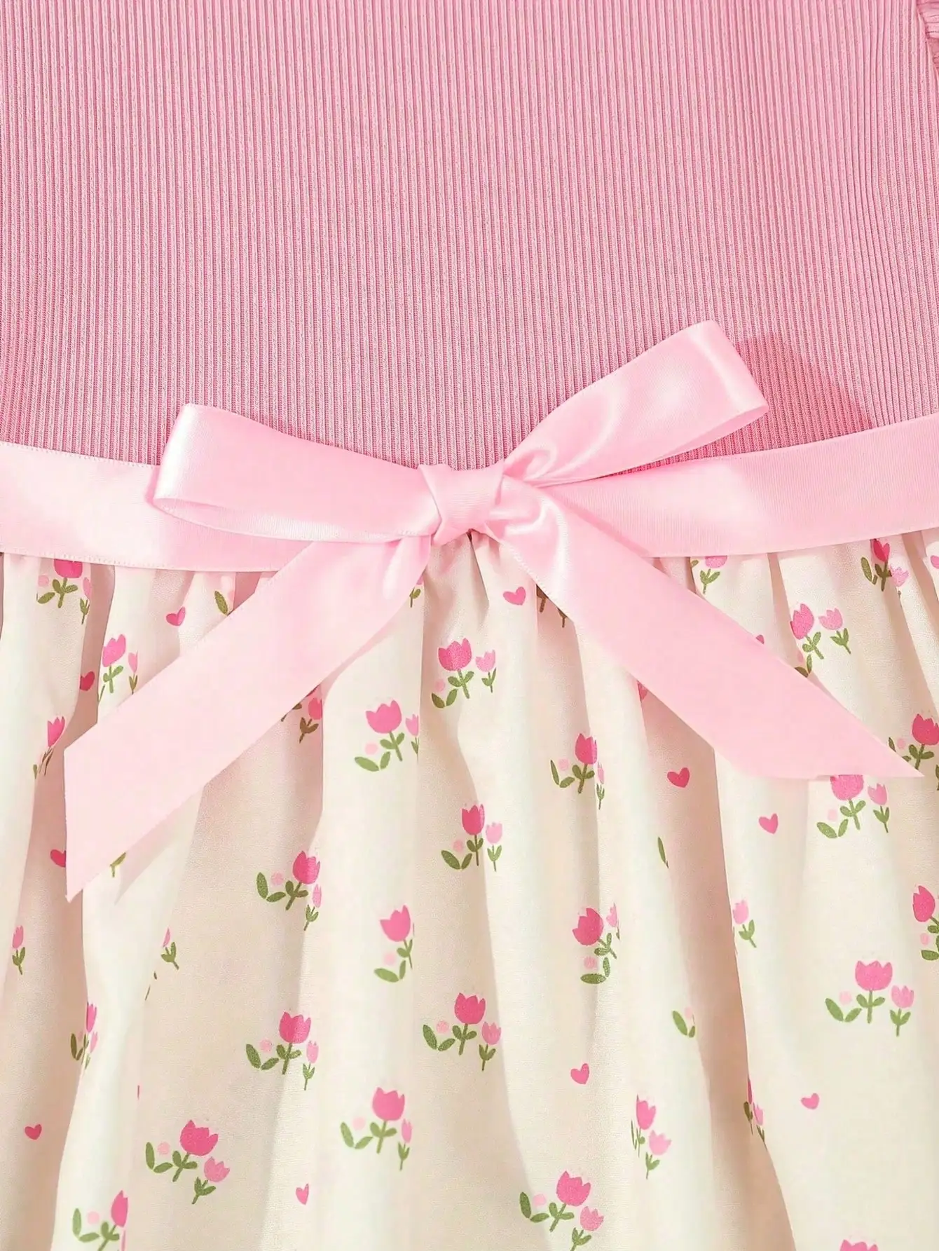 Summer Style Girls' Sleeveless Round Neck Flying Sleeve Pink Printed Dress, Cute Outfit, With Belt