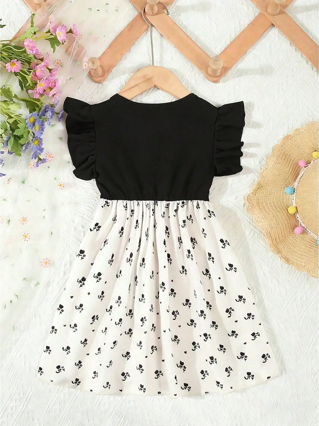 Summer Style Girls' Sleeveless Round Neck Flying Sleeve Pink Printed Dress, Cute Outfit, With Belt