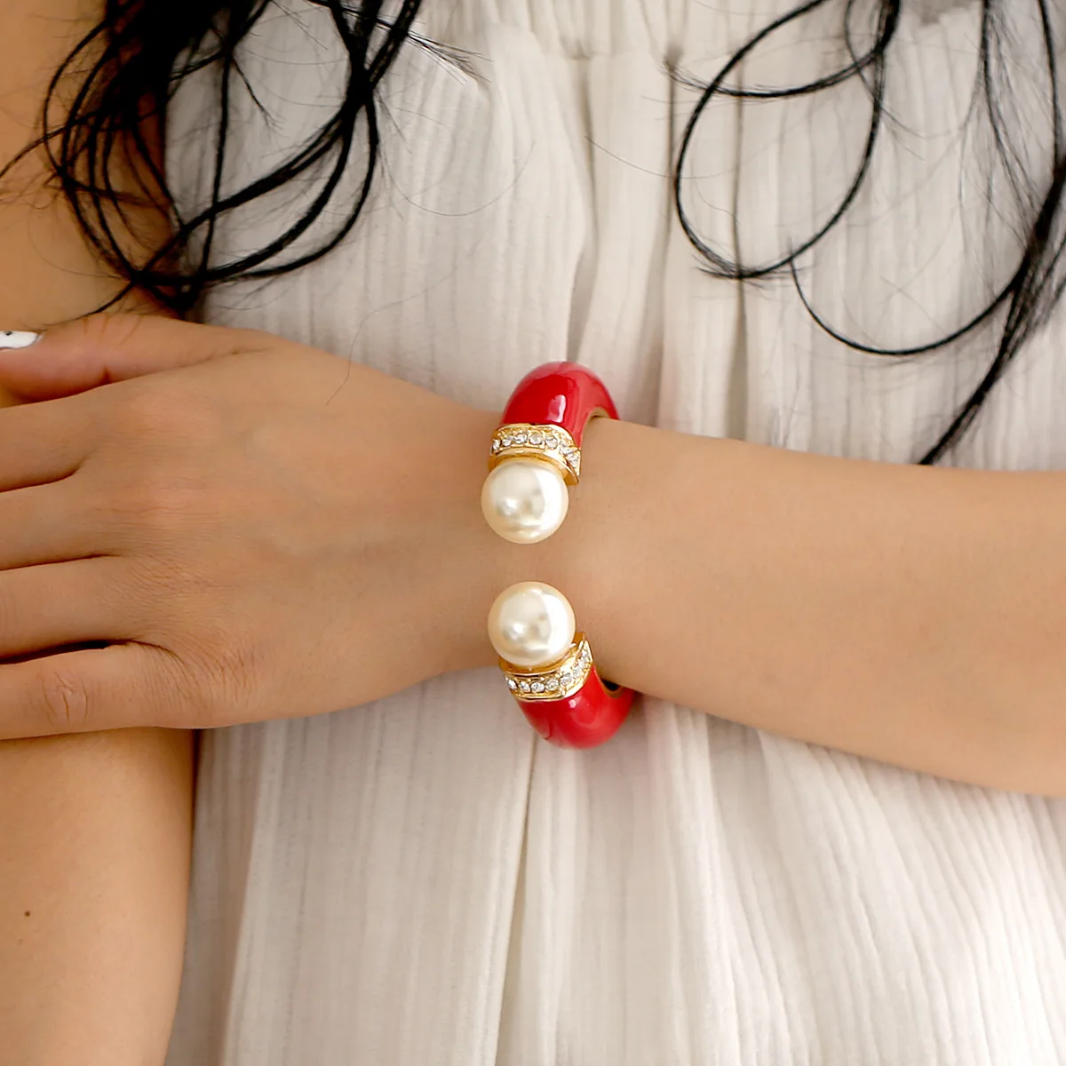 10 Colors Boho Personalized Double Pearls Cuff Bangle for Women Party Bracelet Engagement Accessory Rhinestone Bangles Jewelry