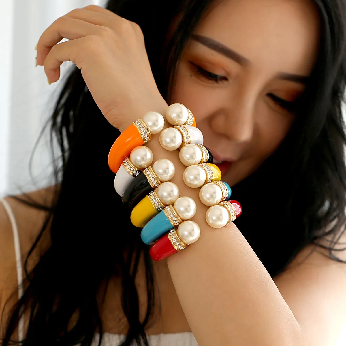 10 Colors Boho Personalized Double Pearls Cuff Bangle for Women Party Bracelet Engagement Accessory Rhinestone Bangles Jewelry