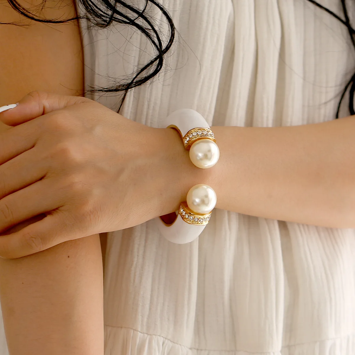 10 Colors Boho Personalized Double Pearls Cuff Bangle for Women Party Bracelet Engagement Accessory Rhinestone Bangles Jewelry