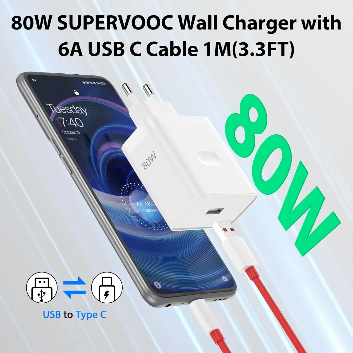 80W SuperVOOC EU Ultra Fast Charger For OnePlus 9 10 Pro 11 12 12R 13 13R 15 15R Nord 3 4 5 CE 3 4 Lite Type-C USB Charge Cable