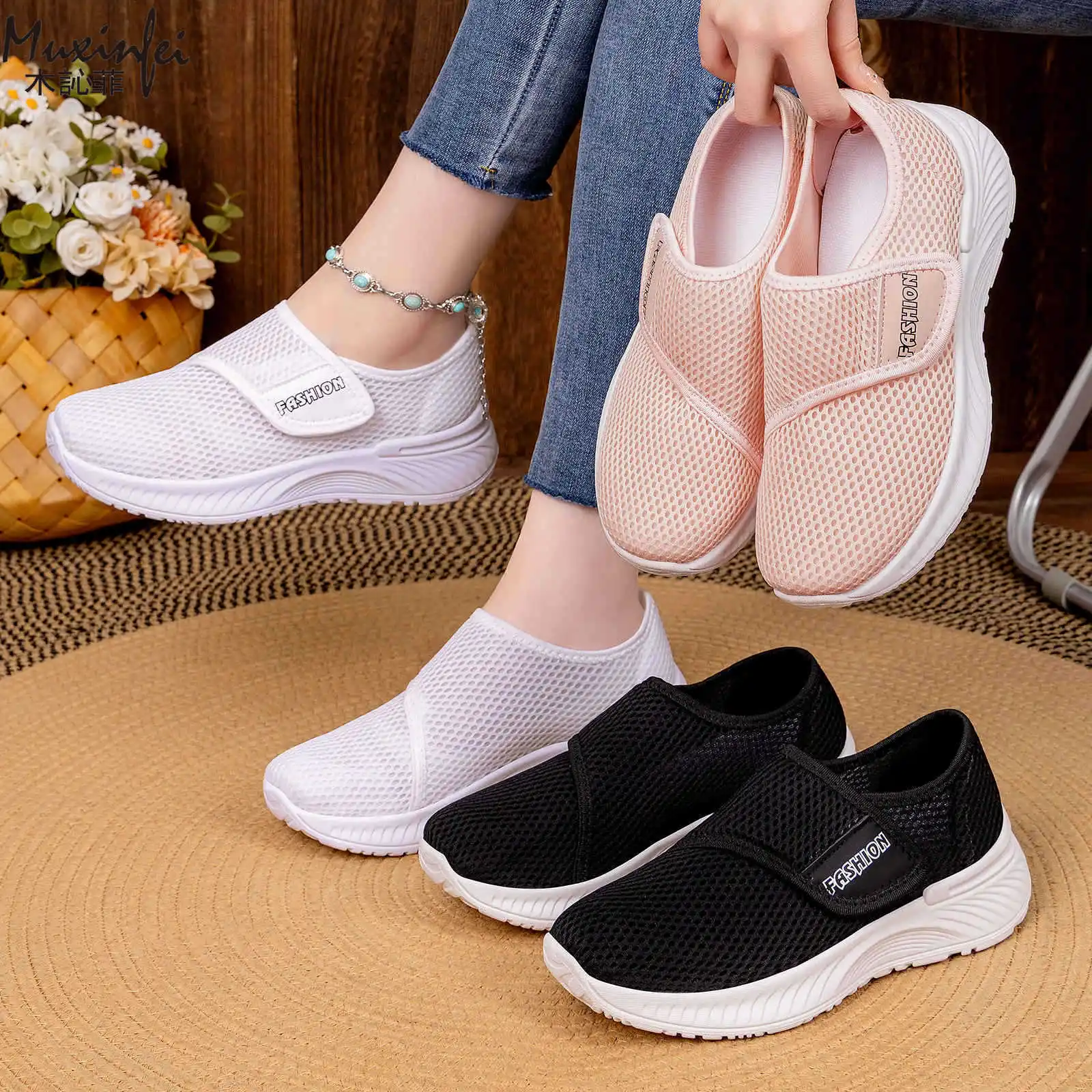 Women's Spring New Casual Versatile Mesh Breathable Velcro Soft Bottom Non Tiring Foot Size Hiking Shoes 36-43