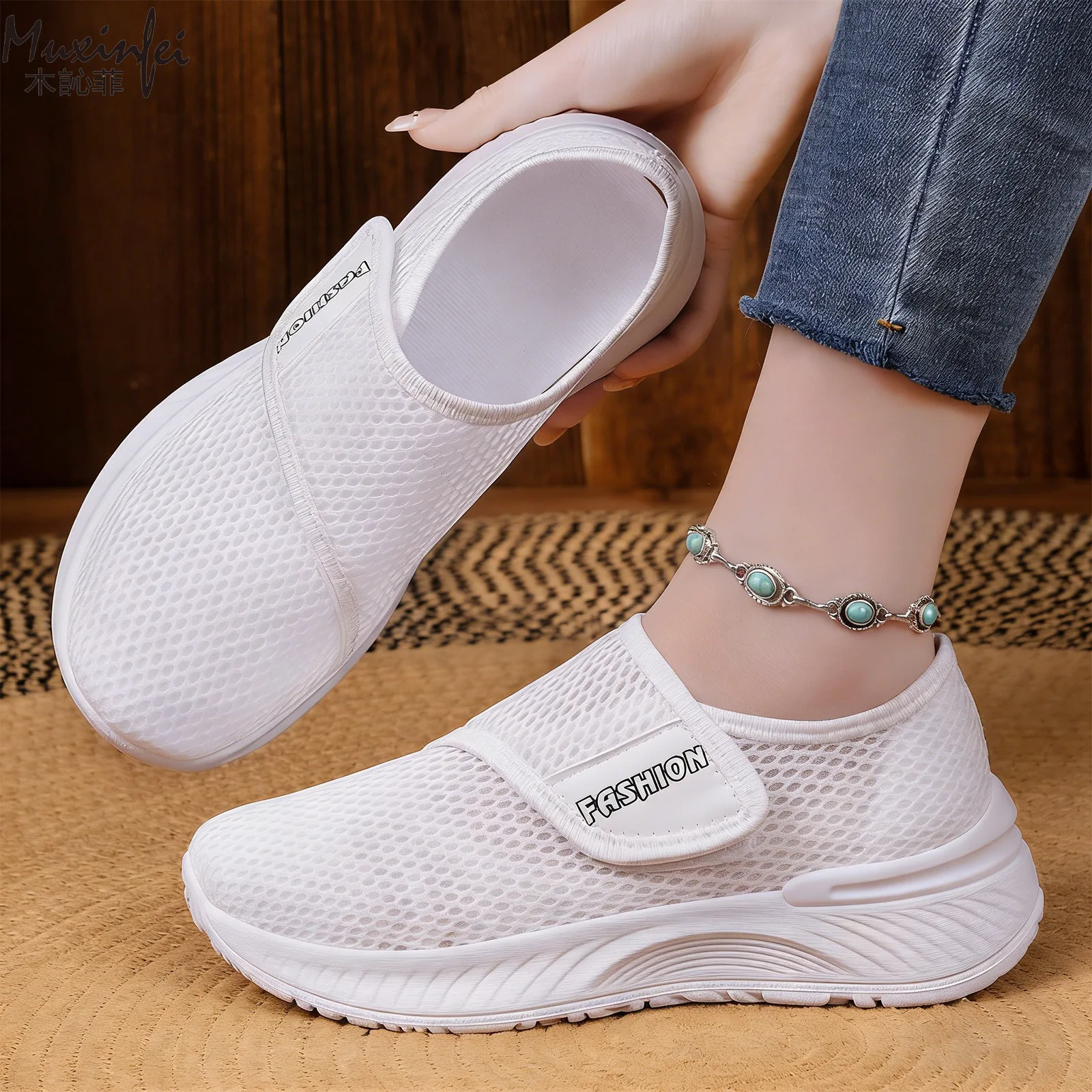 Women's Spring New Casual Versatile Mesh Breathable Velcro Soft Bottom Non Tiring Foot Size Hiking Shoes 36-43