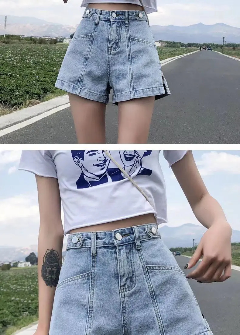 Women's Korean Y2K Black Denim Shorts Summer Thin High Waist A-Line Loose Wide Leg Slimming Hot Pants