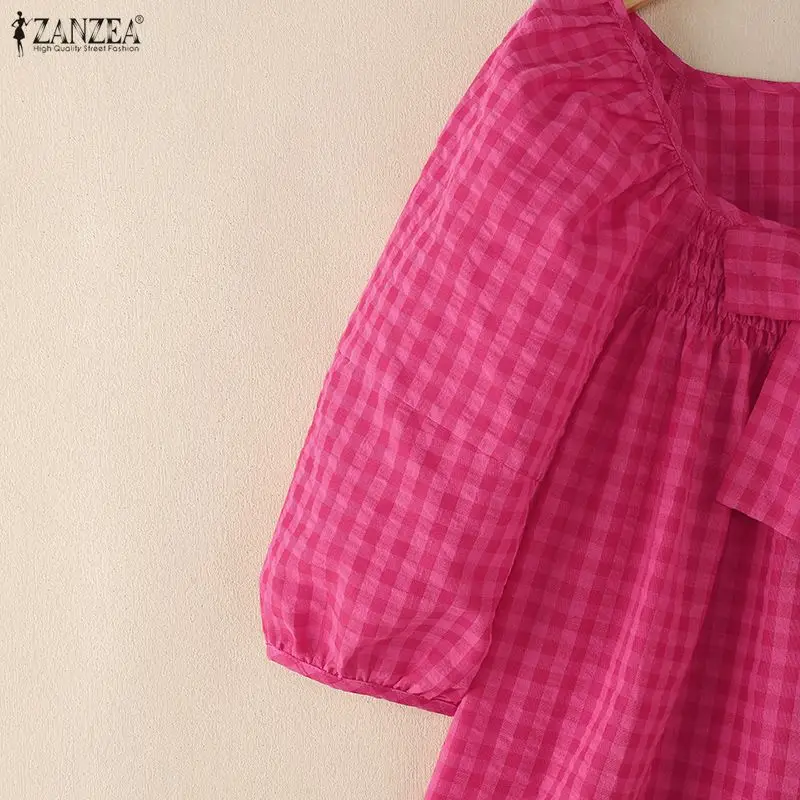 Summer Plaid Shirt Stylish Holiday Tunic Tops ZANZEA Elegant Women Square Neck Short Puff Sleeve Work Blouse Female Blusas Mujer