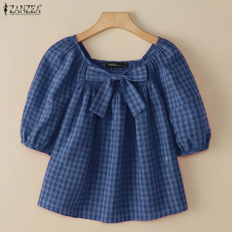 Summer Plaid Shirt Stylish Holiday Tunic Tops ZANZEA Elegant Women Square Neck Short Puff Sleeve Work Blouse Female Blusas Mujer
