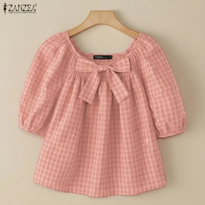 Summer Plaid Shirt Stylish Holiday Tunic Tops ZANZEA Elegant Women Square Neck Short Puff Sleeve Work Blouse Female Blusas Mujer