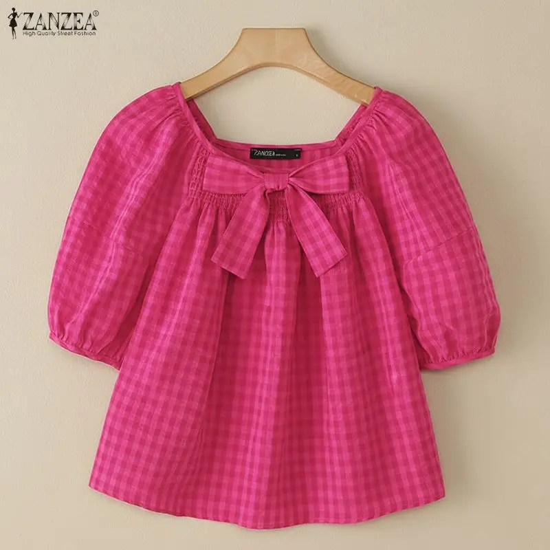 Summer Plaid Shirt Stylish Holiday Tunic Tops ZANZEA Elegant Women Square Neck Short Puff Sleeve Work Blouse Female Blusas Mujer
