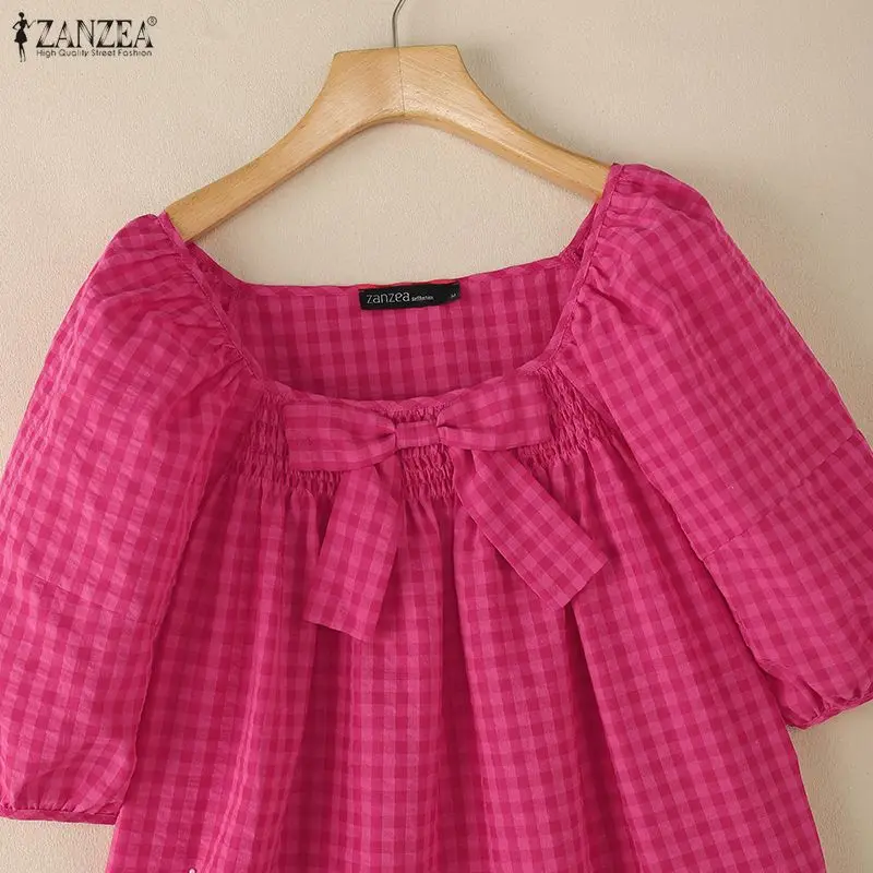 Summer Plaid Shirt Stylish Holiday Tunic Tops ZANZEA Elegant Women Square Neck Short Puff Sleeve Work Blouse Female Blusas Mujer