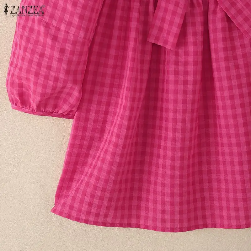 Summer Plaid Shirt Stylish Holiday Tunic Tops ZANZEA Elegant Women Square Neck Short Puff Sleeve Work Blouse Female Blusas Mujer