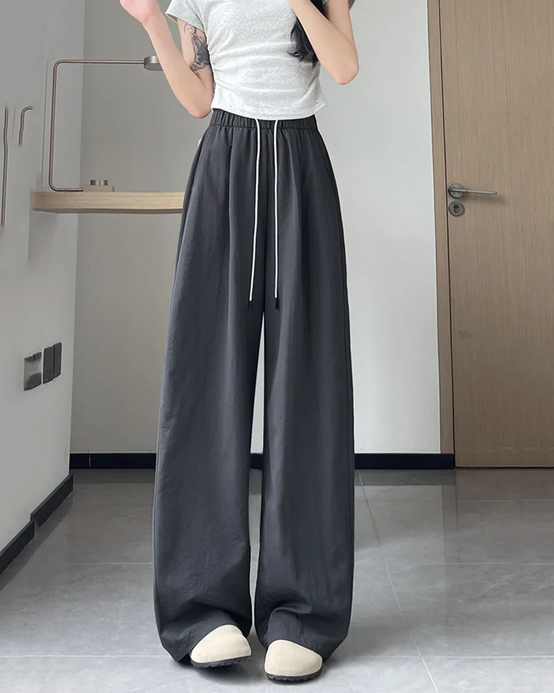 Summer Comfortable Ice Silk Wide Leg Trousers Female Solid Versatile Loose Casual Pants Straight Leg Elastic High Waisted Pants