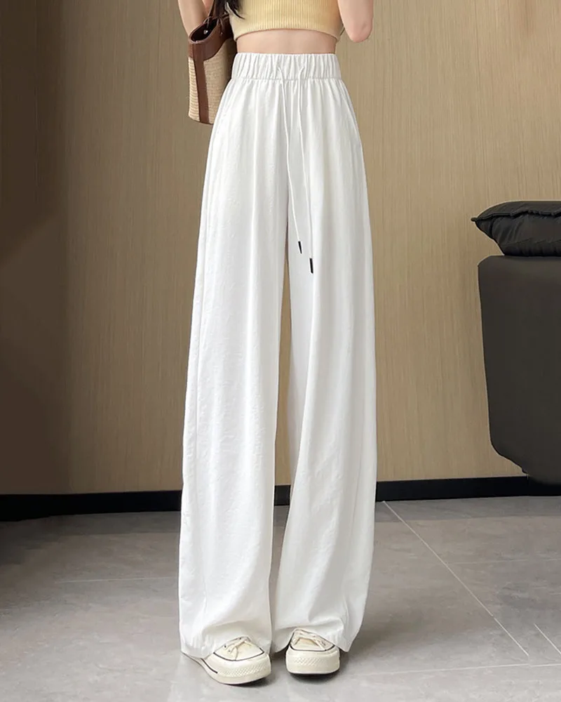 Summer Comfortable Ice Silk Wide Leg Trousers Female Solid Versatile Loose Casual Pants Straight Leg Elastic High Waisted Pants