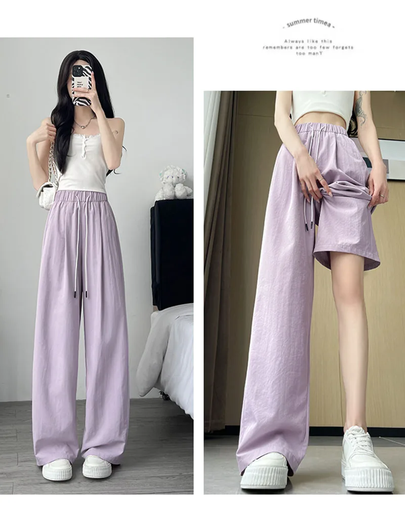 Summer Comfortable Ice Silk Wide Leg Trousers Female Solid Versatile Loose Casual Pants Straight Leg Elastic High Waisted Pants