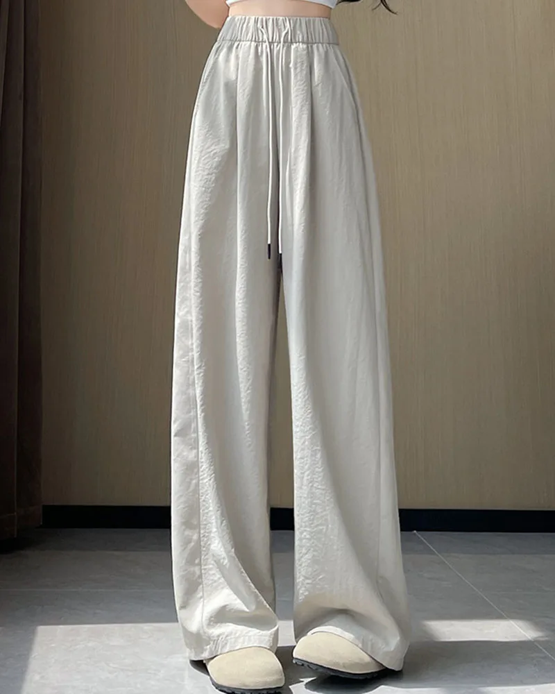 Summer Comfortable Ice Silk Wide Leg Trousers Female Solid Versatile Loose Casual Pants Straight Leg Elastic High Waisted Pants