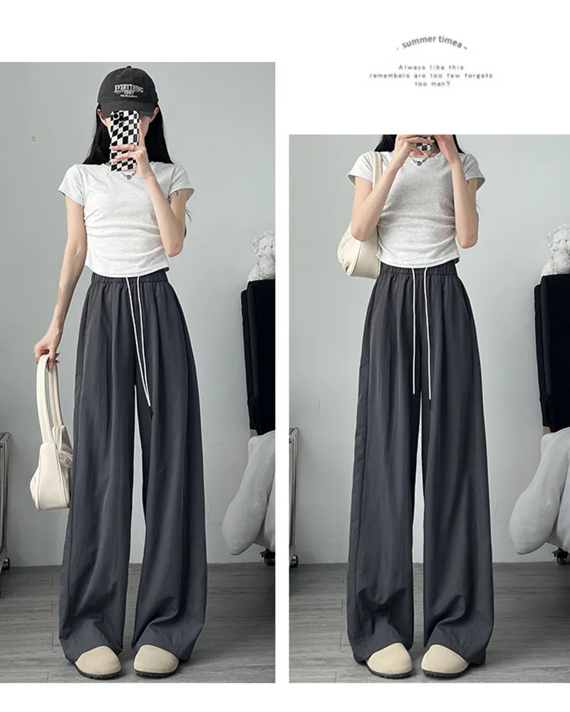 Summer Comfortable Ice Silk Wide Leg Trousers Female Solid Versatile Loose Casual Pants Straight Leg Elastic High Waisted Pants