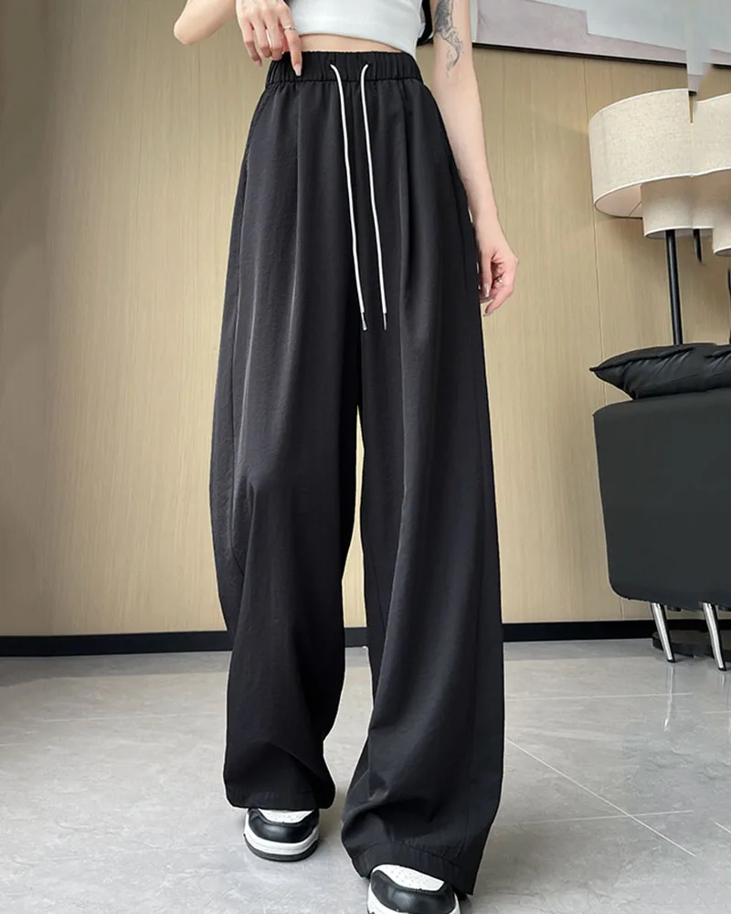 Summer Comfortable Ice Silk Wide Leg Trousers Female Solid Versatile Loose Casual Pants Straight Leg Elastic High Waisted Pants