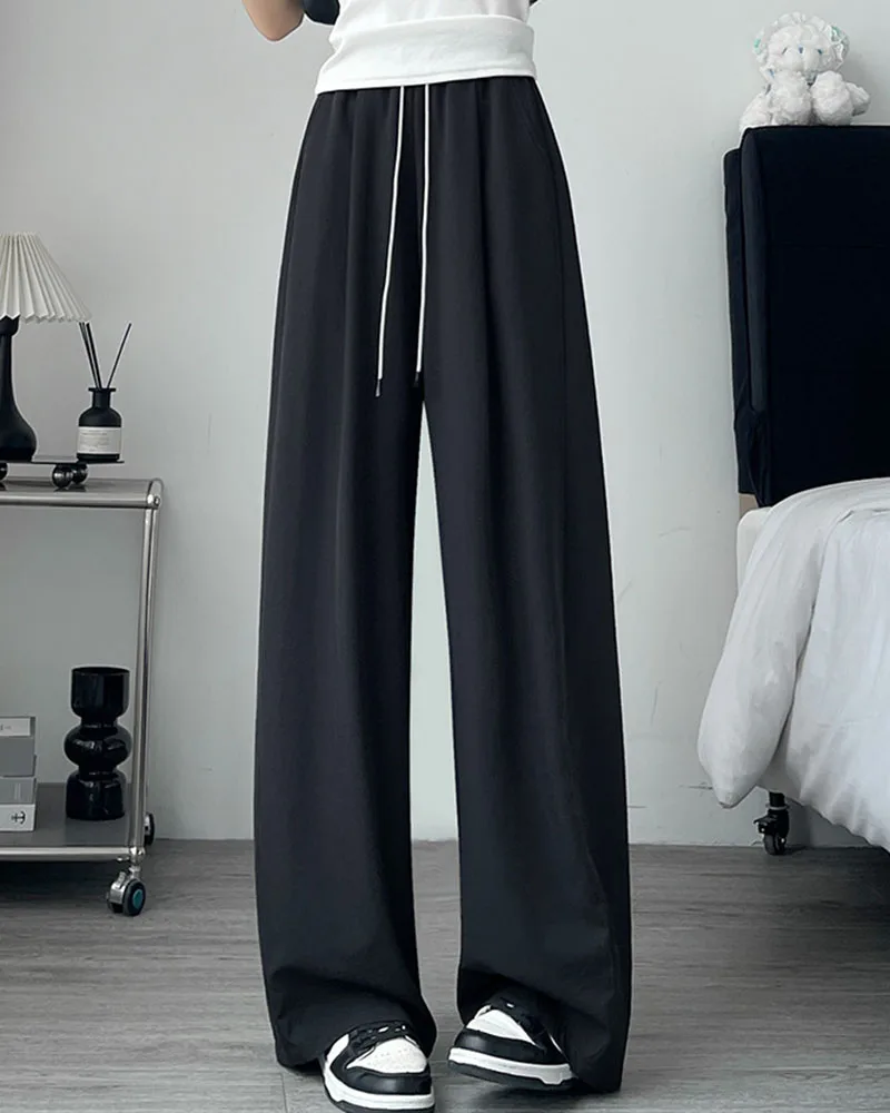 Summer Comfortable Ice Silk Wide Leg Trousers Female Solid Versatile Loose Casual Pants Straight Leg Elastic High Waisted Pants