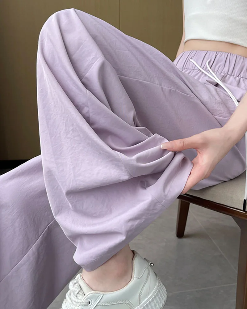 Summer Comfortable Ice Silk Wide Leg Trousers Female Solid Versatile Loose Casual Pants Straight Leg Elastic High Waisted Pants