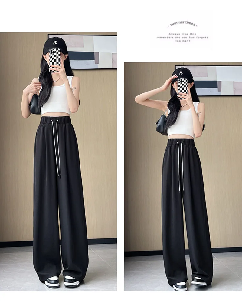 Summer Comfortable Ice Silk Wide Leg Trousers Female Solid Versatile Loose Casual Pants Straight Leg Elastic High Waisted Pants