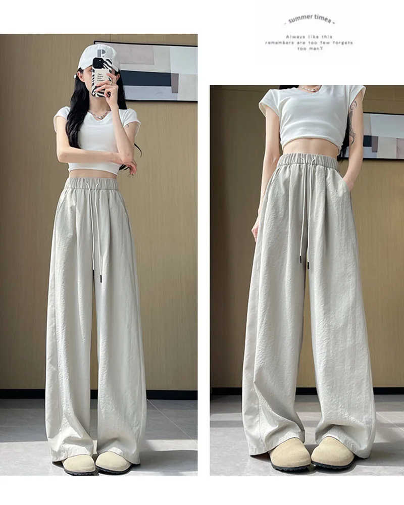 Summer Comfortable Ice Silk Wide Leg Trousers Female Solid Versatile Loose Casual Pants Straight Leg Elastic High Waisted Pants
