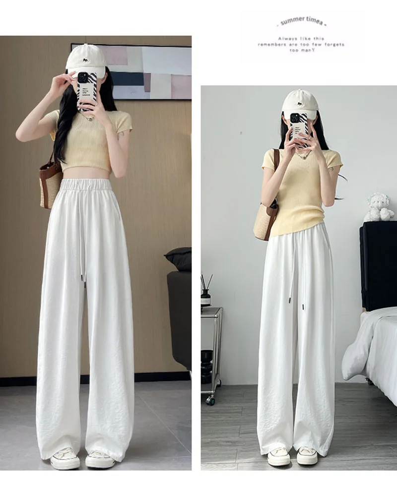 Summer Comfortable Ice Silk Wide Leg Trousers Female Solid Versatile Loose Casual Pants Straight Leg Elastic High Waisted Pants