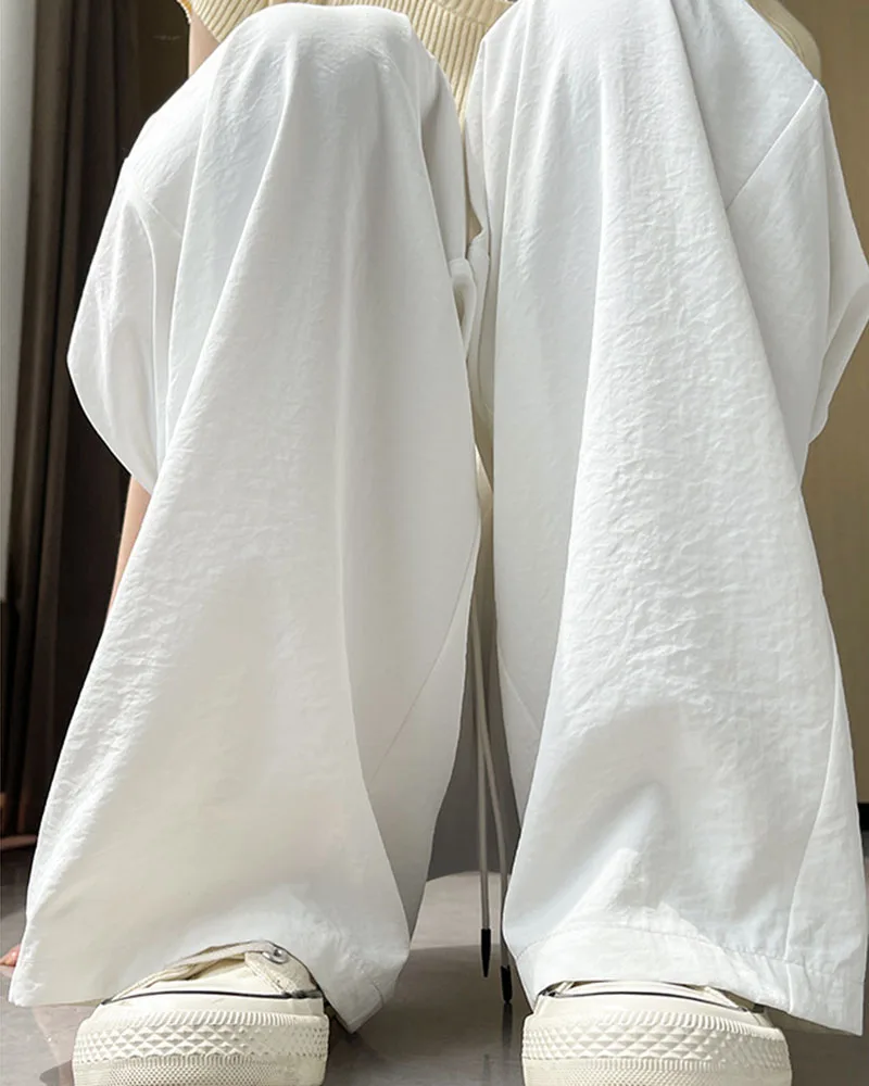 Summer Comfortable Ice Silk Wide Leg Trousers Female Solid Versatile Loose Casual Pants Straight Leg Elastic High Waisted Pants