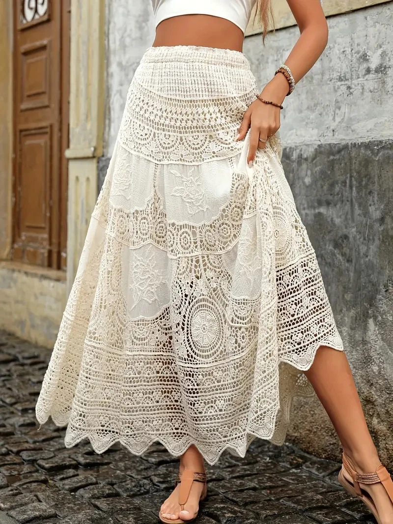 Crochet Lace Maxi Skirt Elastic Waist Hollow-out Embroidered Long Skirt Bohemian Beach Festival Women Summer Boho Resort Outfit