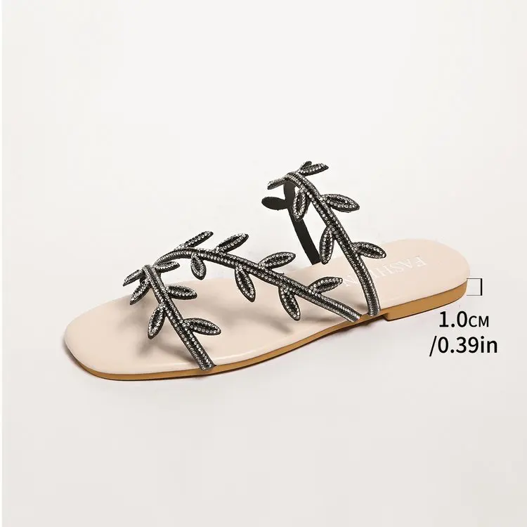 Fashionable Rhinestone Flat Bottom Sandals Women's Summer New Comfortable Slip-On Beach Slippers PU Material Casual Slippers