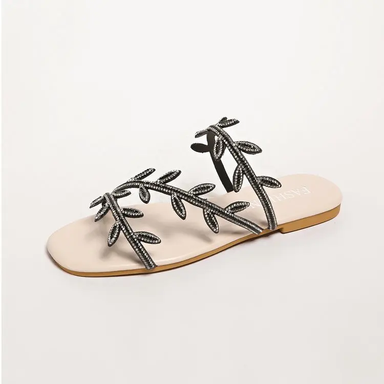 Fashionable Rhinestone Flat Bottom Sandals Women's Summer New Comfortable Slip-On Beach Slippers PU Material Casual Slippers