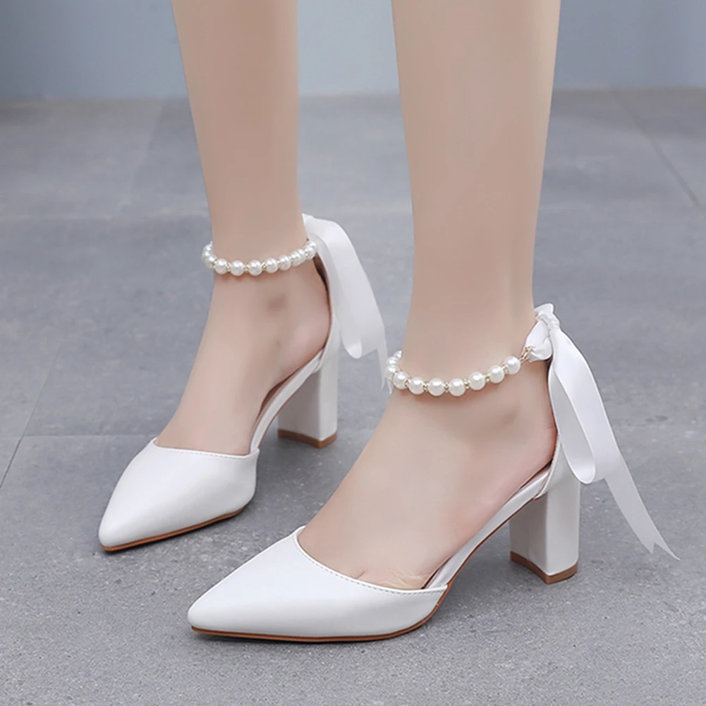 Ladies White High Heels with Pearl Ribbon Sandals Evening Gown Shoes Wedding Footwear Elegant Women's Footwear