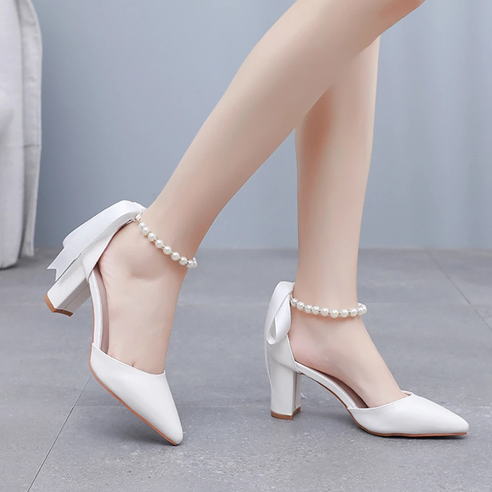 Ladies White High Heels with Pearl Ribbon Sandals Evening Gown Shoes Wedding Footwear Elegant Women's Footwear