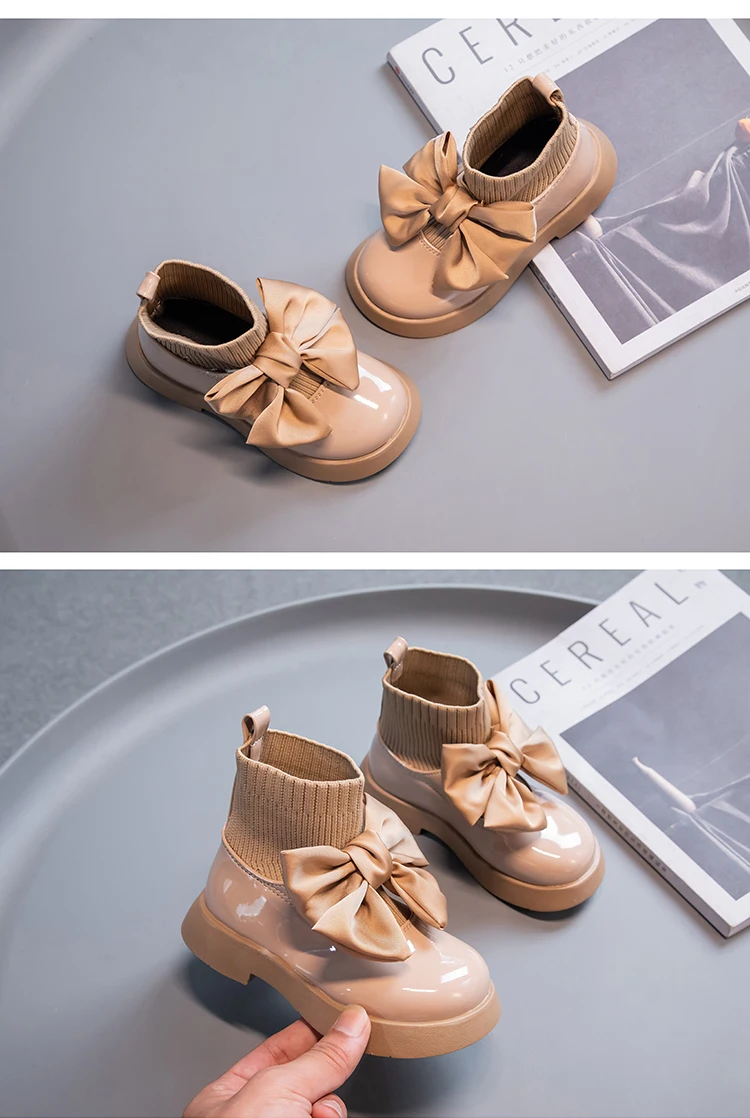 Girls Sock Boots Kids Ankle Boots Non-slip Fashion Bow Elegant Glossy UK Uniform Child School Shoes Casual Socks Boots Princess