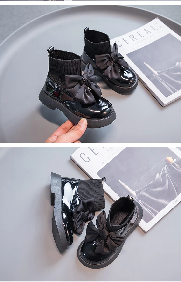 Girls Sock Boots Kids Ankle Boots Non-slip Fashion Bow Elegant Glossy UK Uniform Child School Shoes Casual Socks Boots Princess