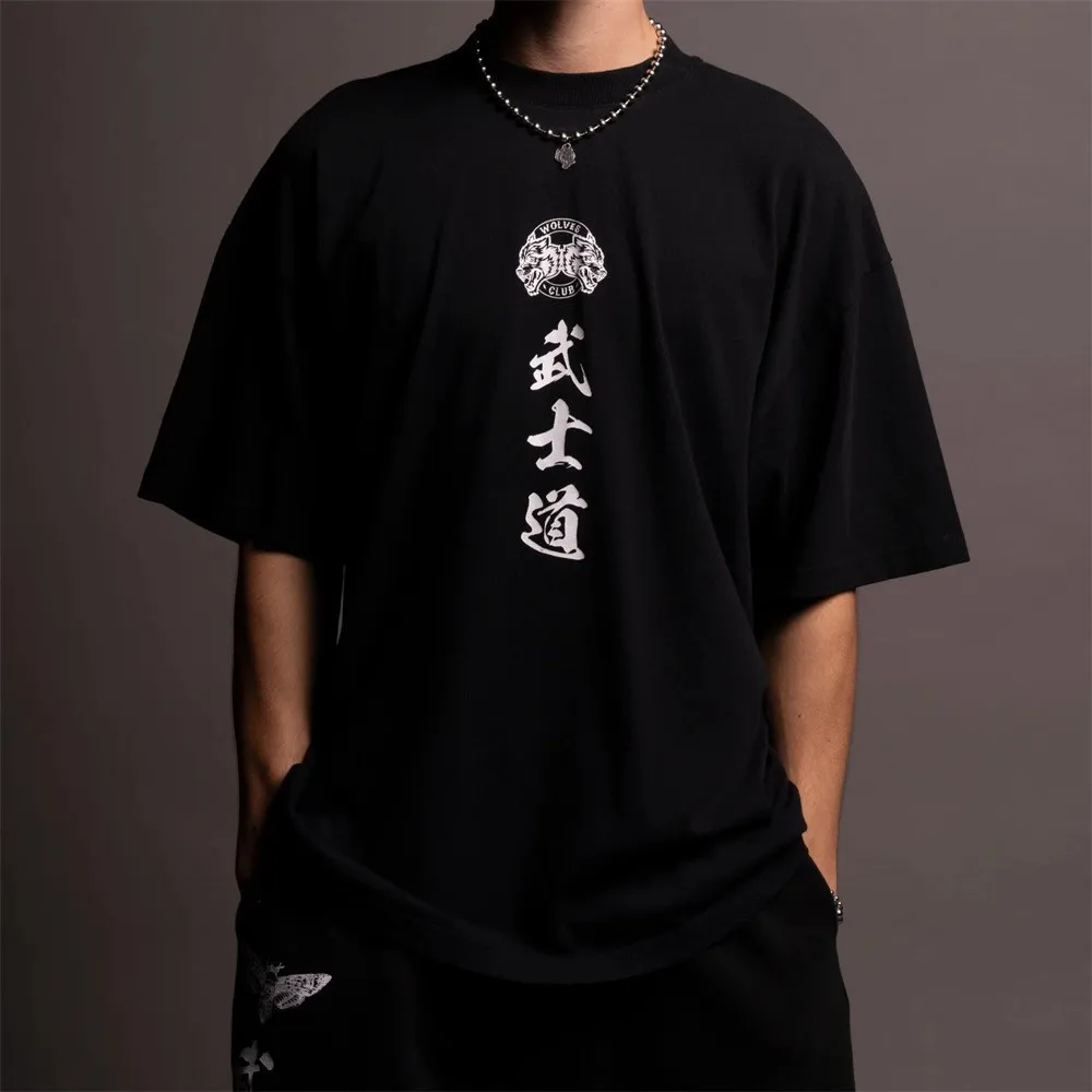 2026 Wolf Head Warrior Short-Sleeved Men's and Women's American Style Sporty Casual Loose-Weave Printed Cotton T-Shirt