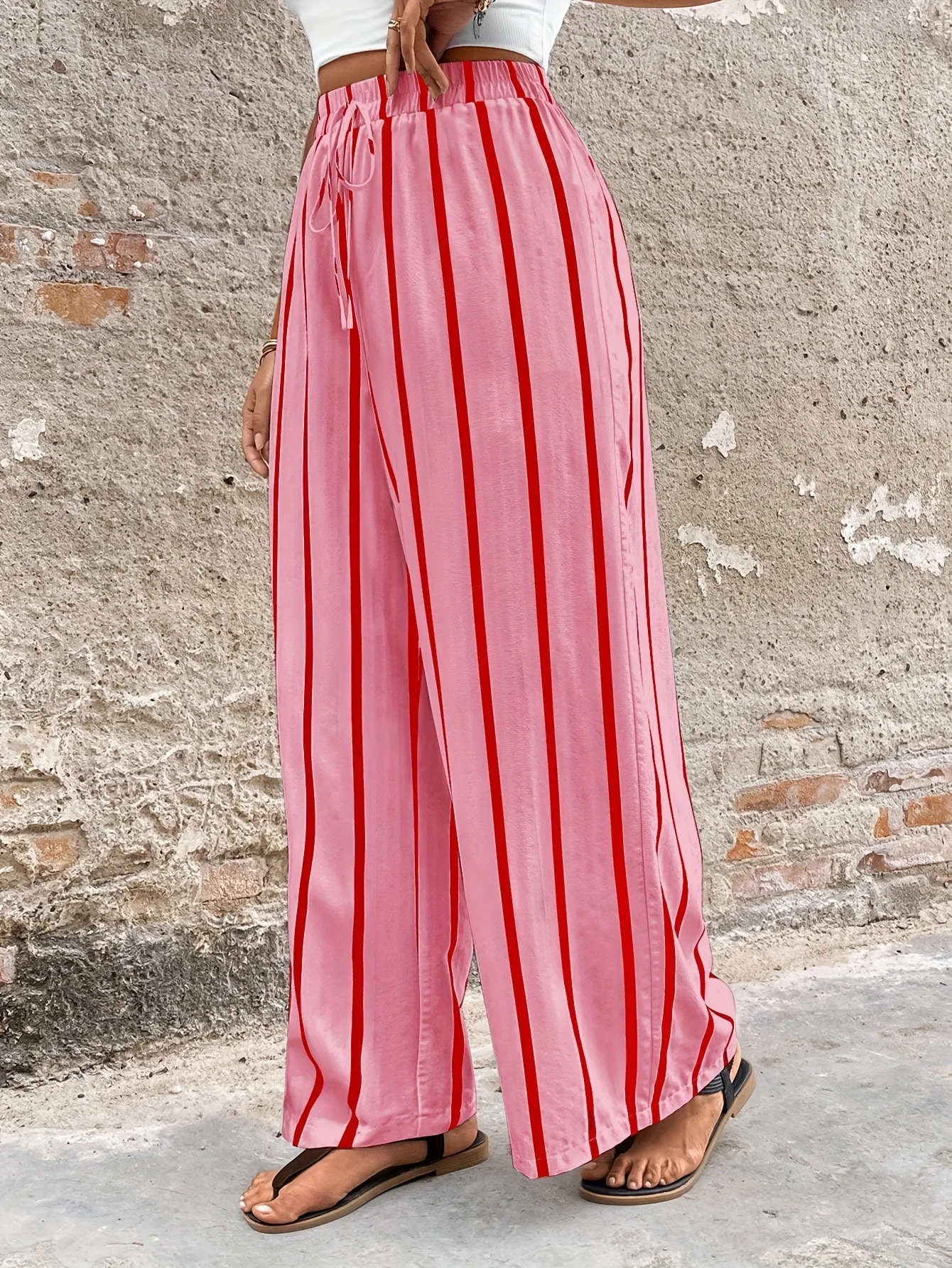 Large Retro Casual Fashion Vacation Texture Pink Striped Versatile Straight Leg Pants