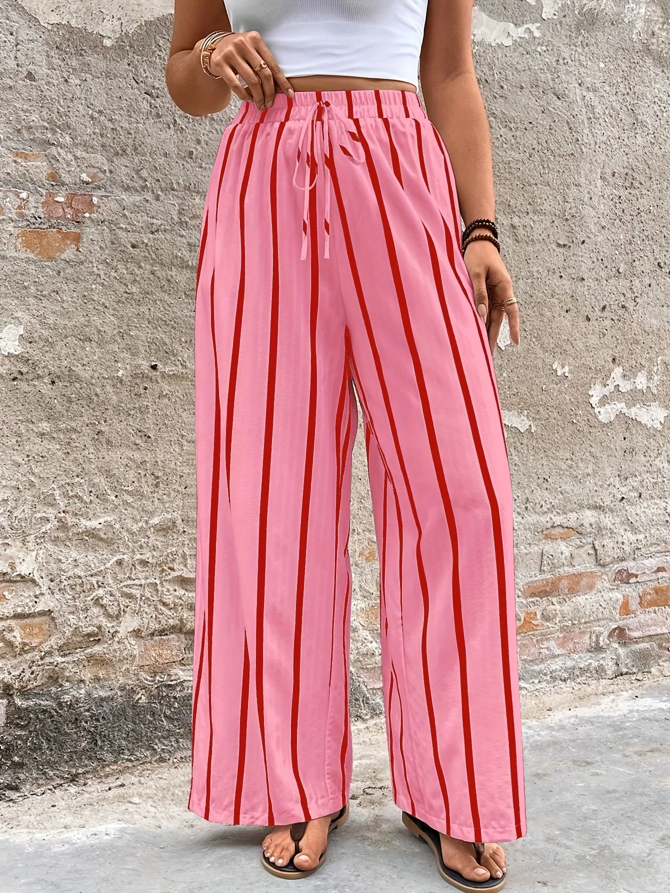 Large Retro Casual Fashion Vacation Texture Pink Striped Versatile Straight Leg Pants