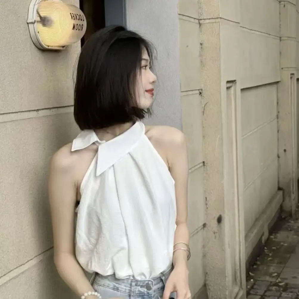 Elegant Halter Sleeveless Summer Top Women Casual Off shoulder T shirt Daily Outdoor Korean Chic Cropped Tank Top Solid color