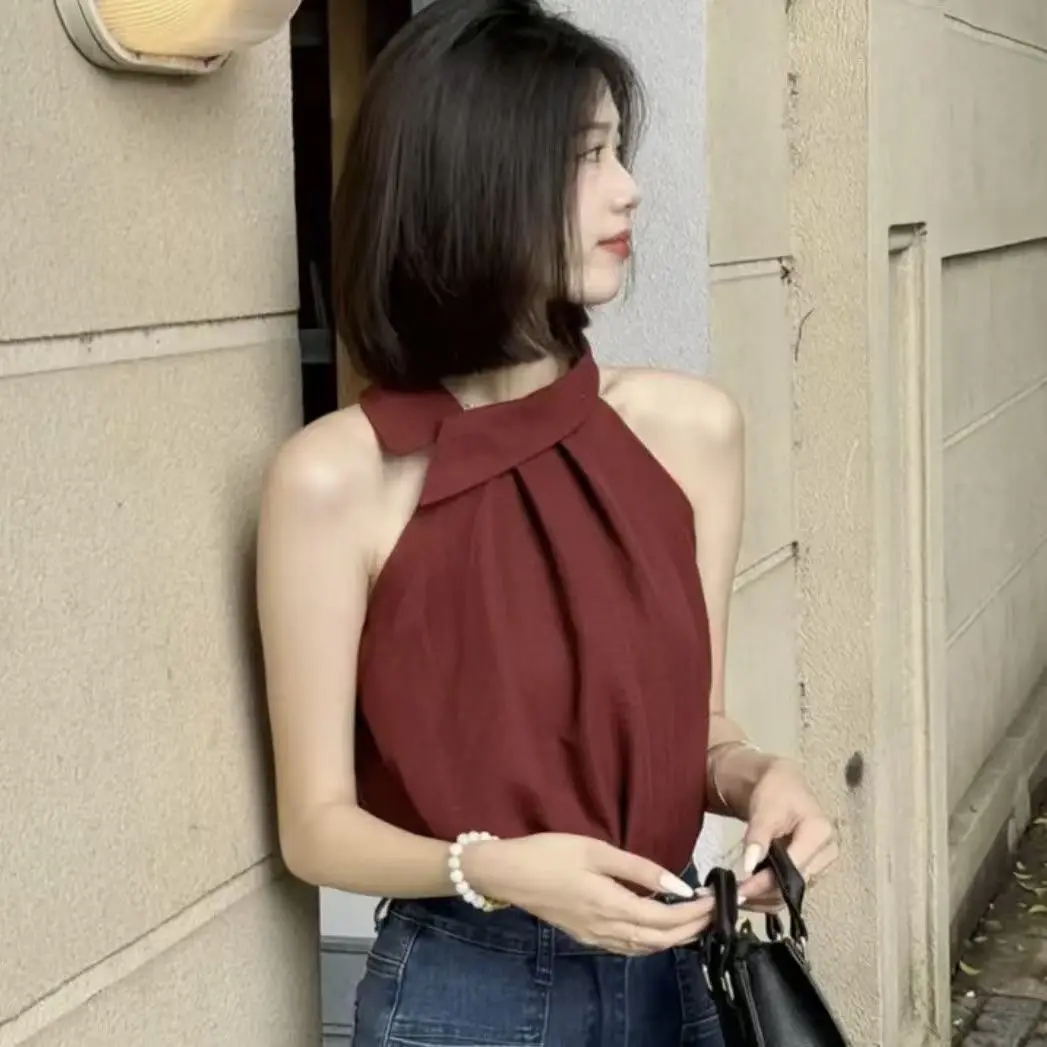 Elegant Halter Sleeveless Summer Top Women Casual Off shoulder T shirt Daily Outdoor Korean Chic Cropped Tank Top Solid color