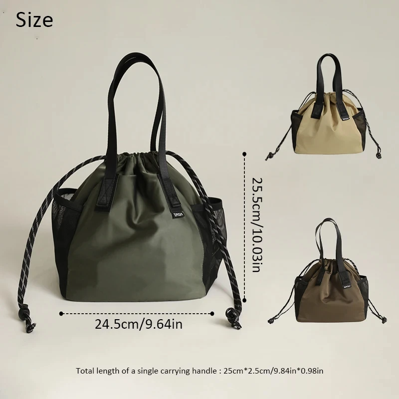 Canvas Drawstring Insulation Big Belly Gulp Lunch Bag with Side Mesh Pocket Wide Handle Design Storage Bags for Work Camping BBQ