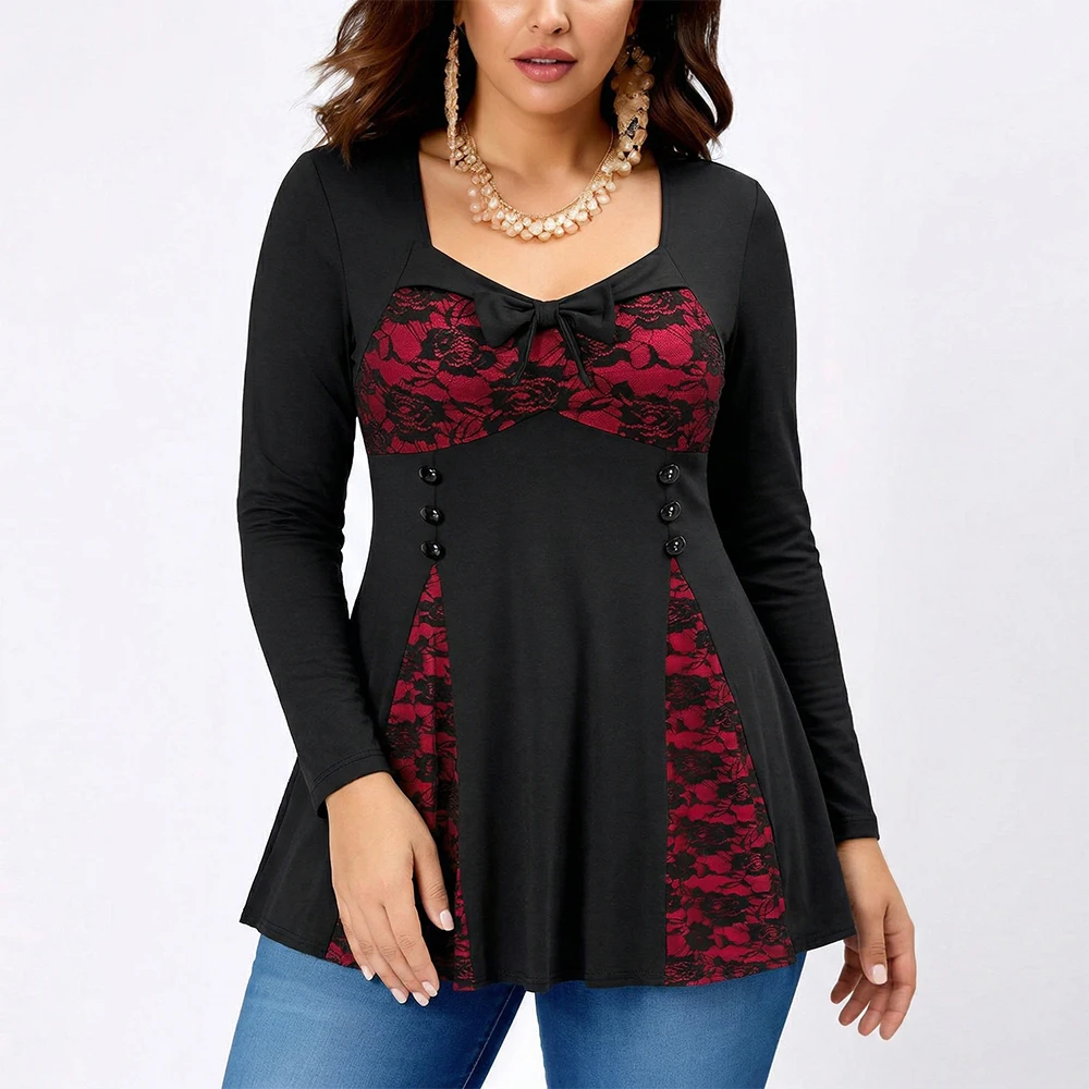Women's Gothic Lace Contrast Tunic Plus Size Blouse Top Sweetheart Neck Bow Decor Long Sleeve Flared Hem Blouse Spring 2026