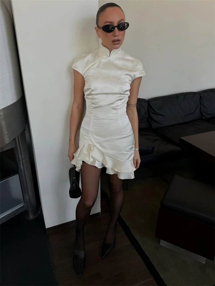 Tossy Fashion Ruffled Elegant Party Dress Women Short Sleeve Patchwork Slim Printed High Waist Dress Summer Female Mini Dress