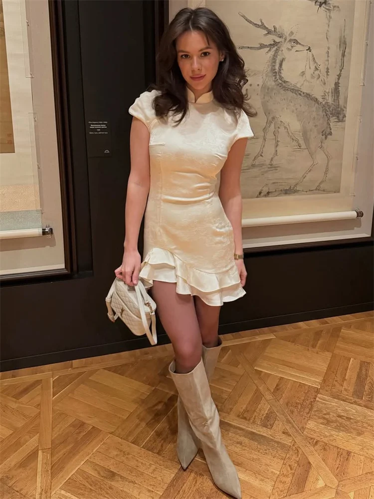 Tossy Fashion Ruffled Elegant Party Dress Women Short Sleeve Patchwork Slim Printed High Waist Dress Summer Female Mini Dress
