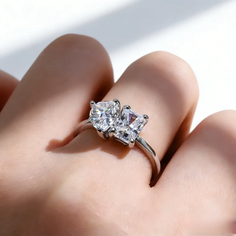 925 Sterling Silver 2-Carat Moissanite Double Stone Ring, Wedding Ring, Eternal, Personalized, Elegant, Mature, and Casual