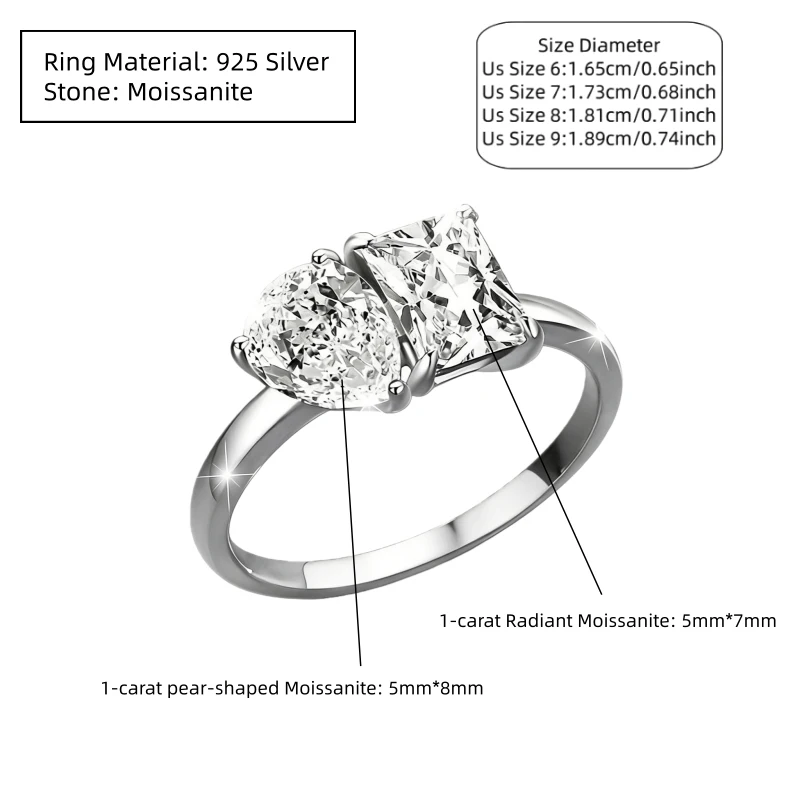 925 Sterling Silver 2-Carat Moissanite Double Stone Ring, Wedding Ring, Eternal, Personalized, Elegant, Mature, and Casual