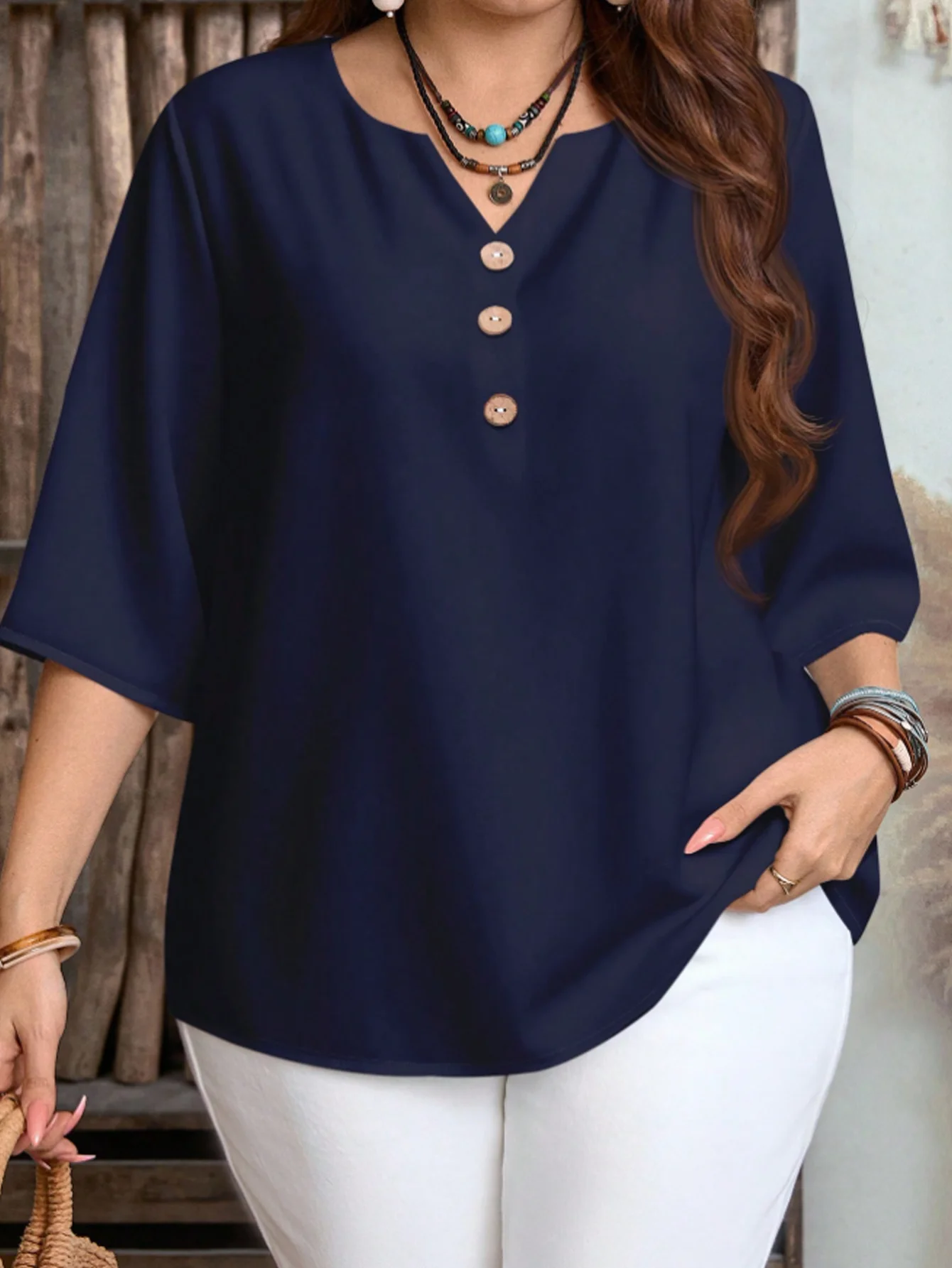 Plus Size Women's Casual Simple Shirt, Suitable for Spring, Summer, Autumn, and Valentine's Day, Solid Color V-Neck Top
