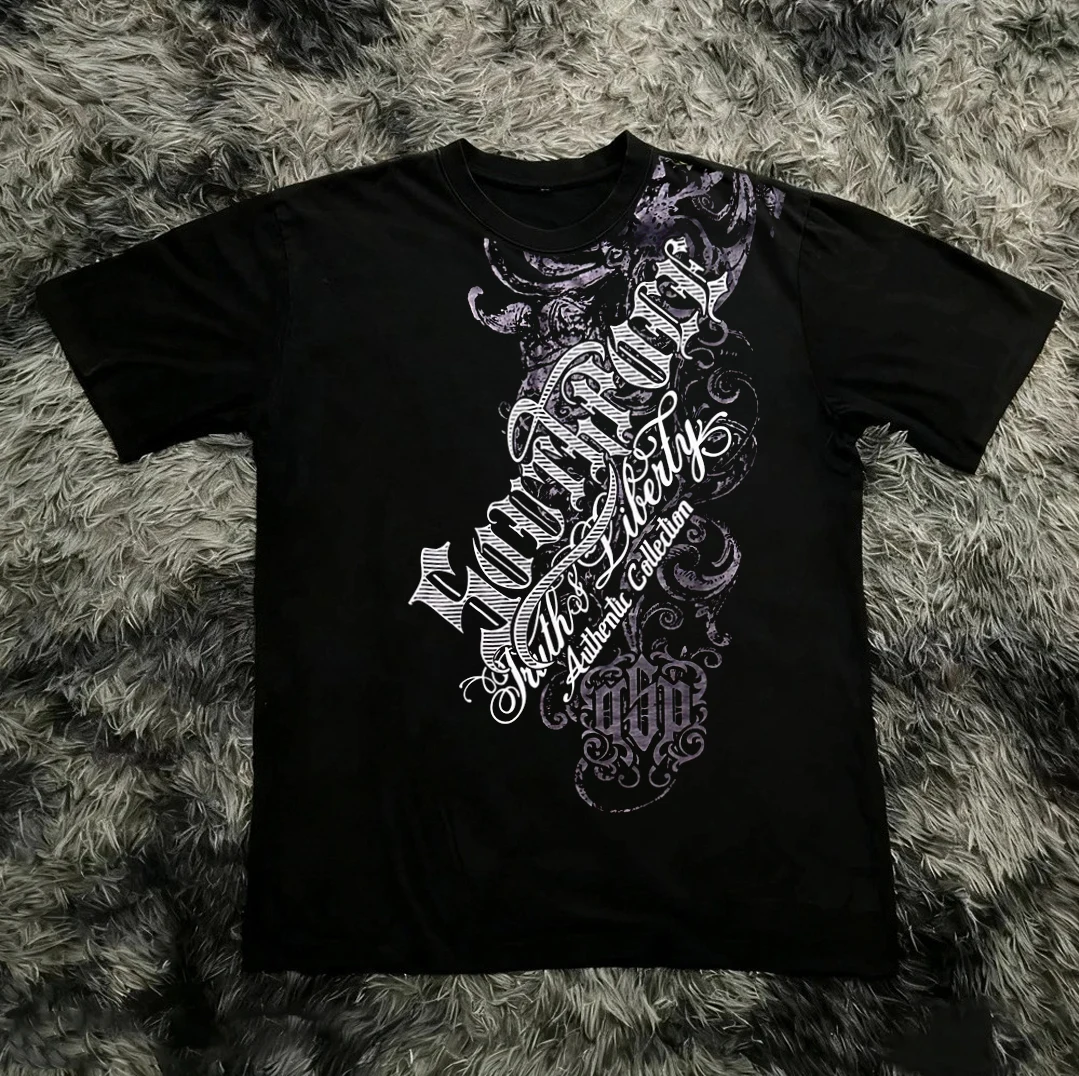 Classic Y2K Gothic Style High Street T-shirt Print Oversized T Shirt Harajuku Round Neck Cotton Tops 2026 Summer Men Women Tops