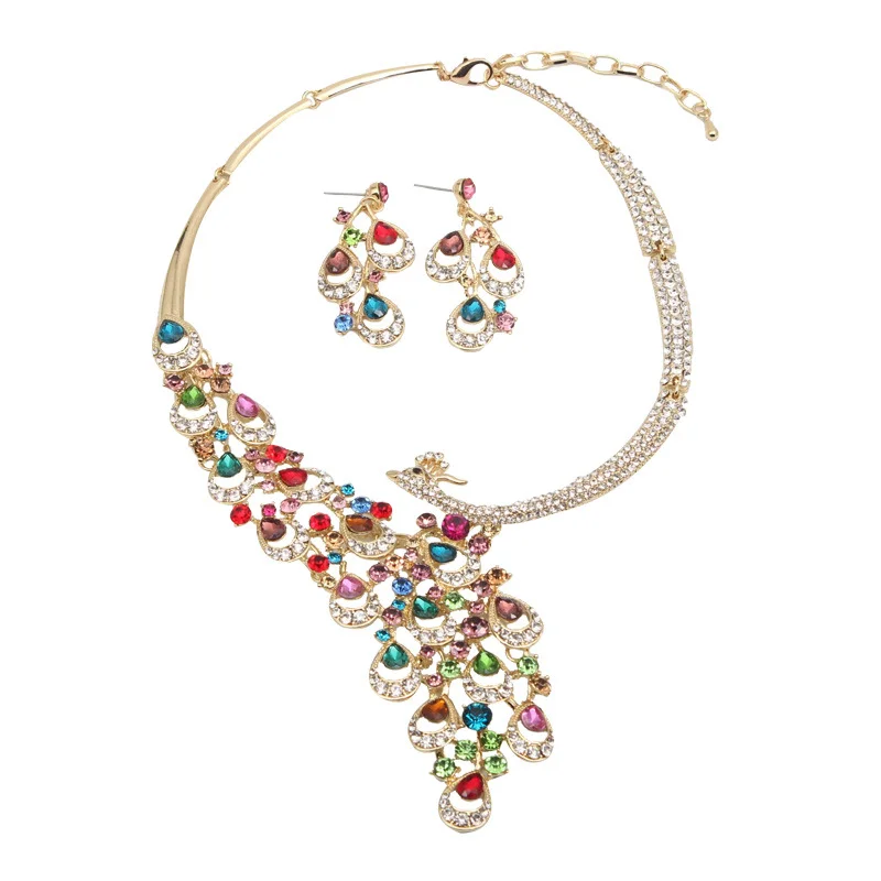 Ruby peacock necklace and earrings set. High-quality waterproof jewelry. Gift for your wife.