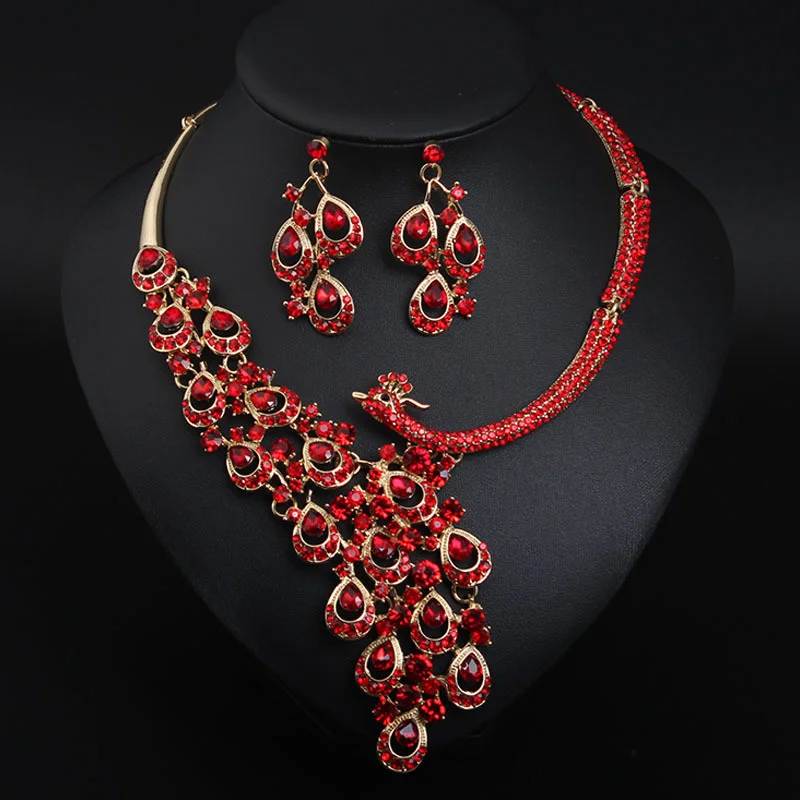 Ruby peacock necklace and earrings set. High-quality waterproof jewelry. Gift for your wife.